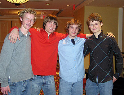 Evan Bates, Keiffer Hubbell, Charlie White, and Charles Clavey before the competitors' party