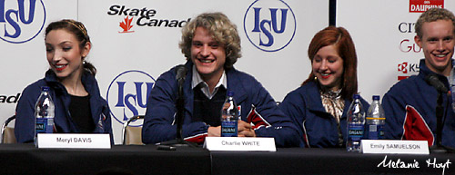 Meryl Davis, Charlie White, Emily Samuelson, and Evan Bates at the press conference following the free dance