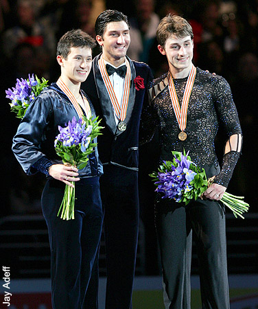 Patrick Chan, silver; Evan Lysacek, gold; Brian Joubert, bronze