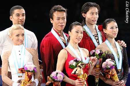 Senior Pairs Medalists: (L-R) Robin Szolkowy &amp; Aliona Savchenko (GER) bronze, Hongbo Zhao &amp; Xue Shen (CHN) gold, Jian Tong &amp; Qing Pang (CHN) silver