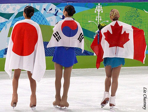 (L-R:) Mao Asada (JPN) silver, Yu-Na Kim (KOR) gold, Joannie Rochette (CAN) bronze