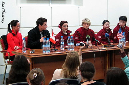 The top three teams at the press conference after the free dance