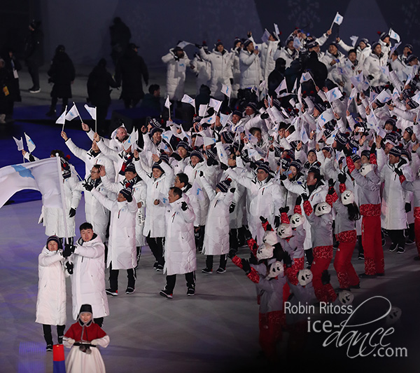 The Teams from North Korea and South Korea enter together under one flag