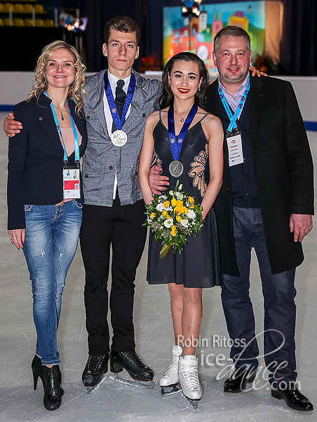 Elizaveta Khudaiberdieva & Nikita Nazarov (RUS) with their coaches